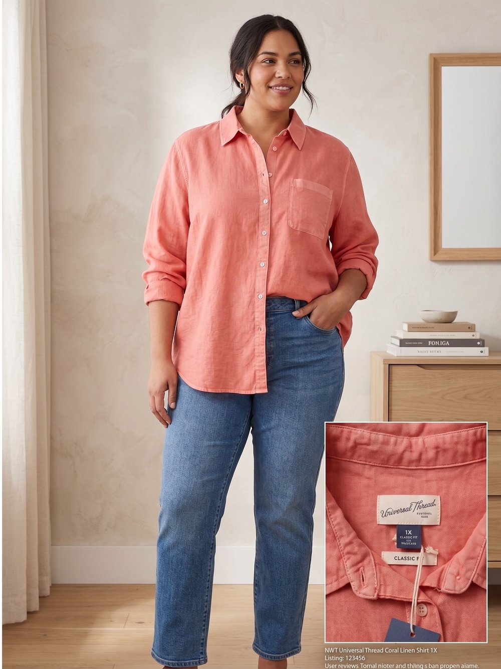 Universal Thread Coral Button-Up Linen-Blend Shirt - Pinkish Coral